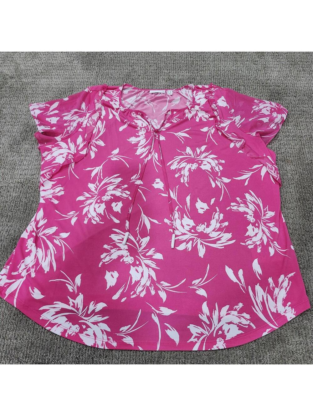 Susan Graver Pink and White Floral Short Sleeve Blouse Top Size Regular 2X